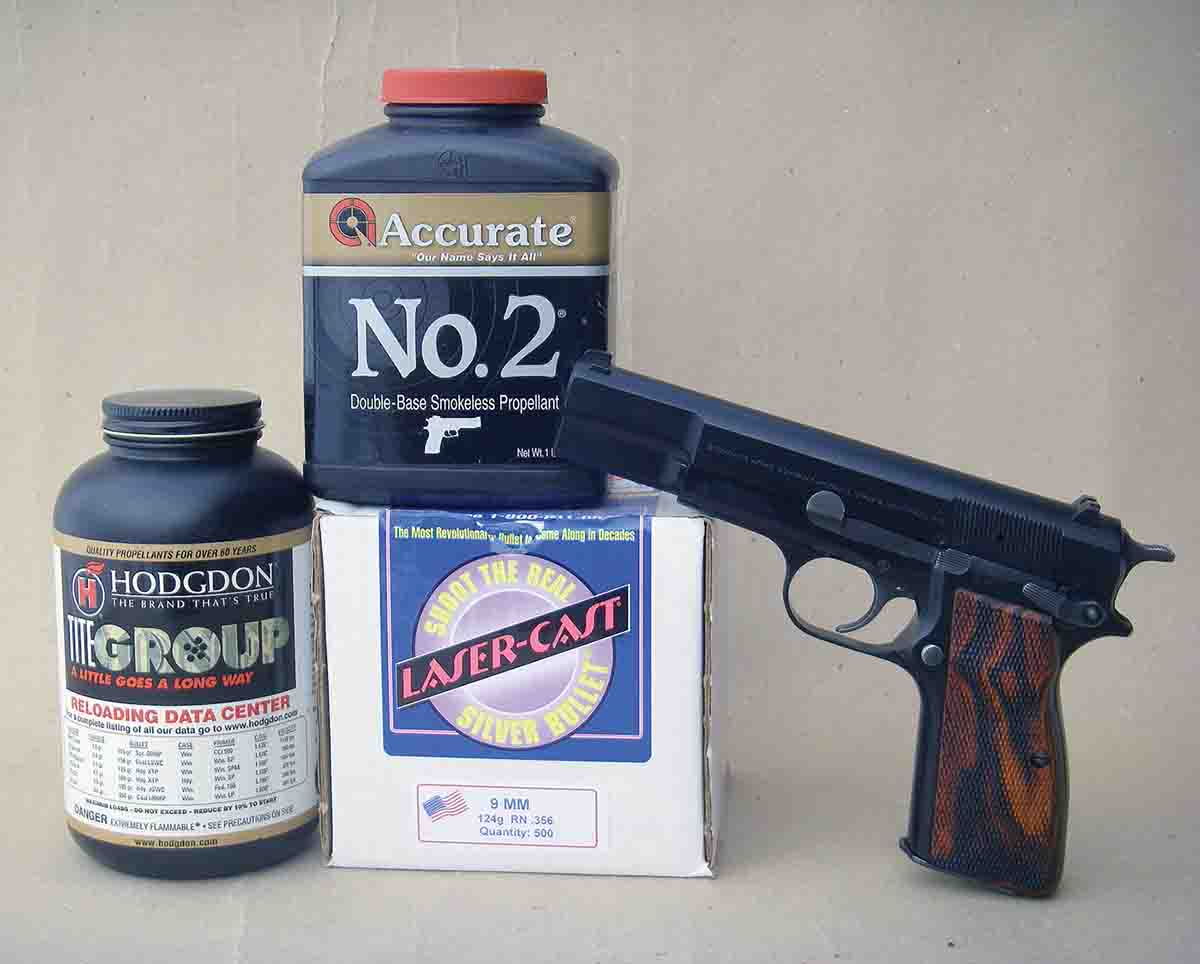 Hodgdon Titegroup and Accurate No. 2 powders are top choices for light target cast bullet loads in a Browning Hi-Power 9mm.